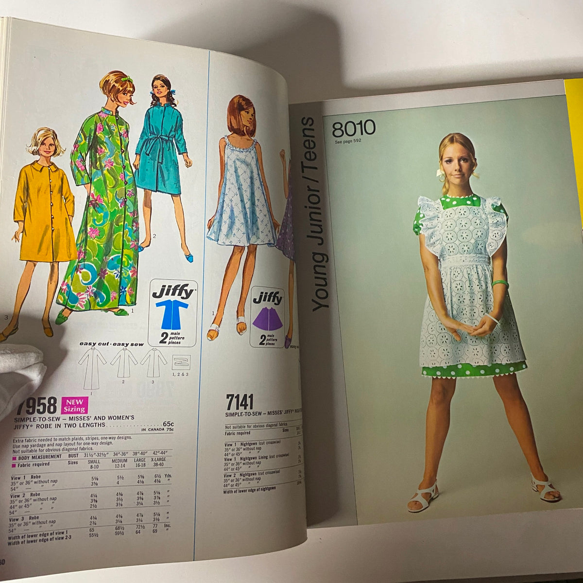 Colorful layout of the 1969 May Simplicity Catalog presenting Young Junior/Teens patterns with style options for simple-to-sew designs, showcasing pattern number 8010 and various fashionable garments.