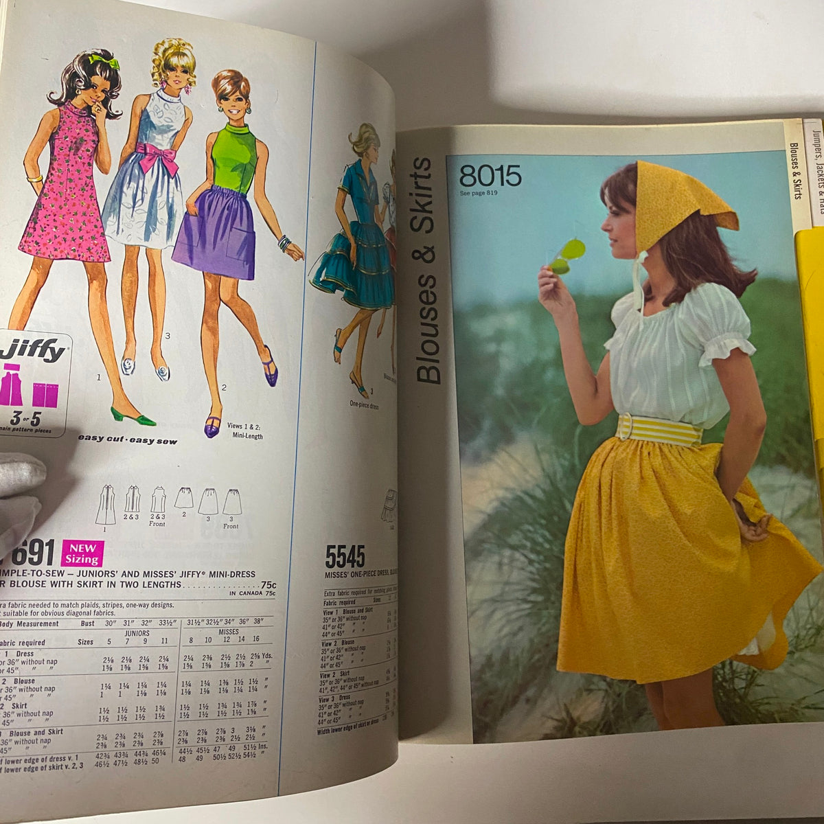1969 May Simplicity Catalog Sewing Pattern showing blouses and skirts designs for juniors and misses, featuring easy to sew patterns that reflect late '60s fashion trends.