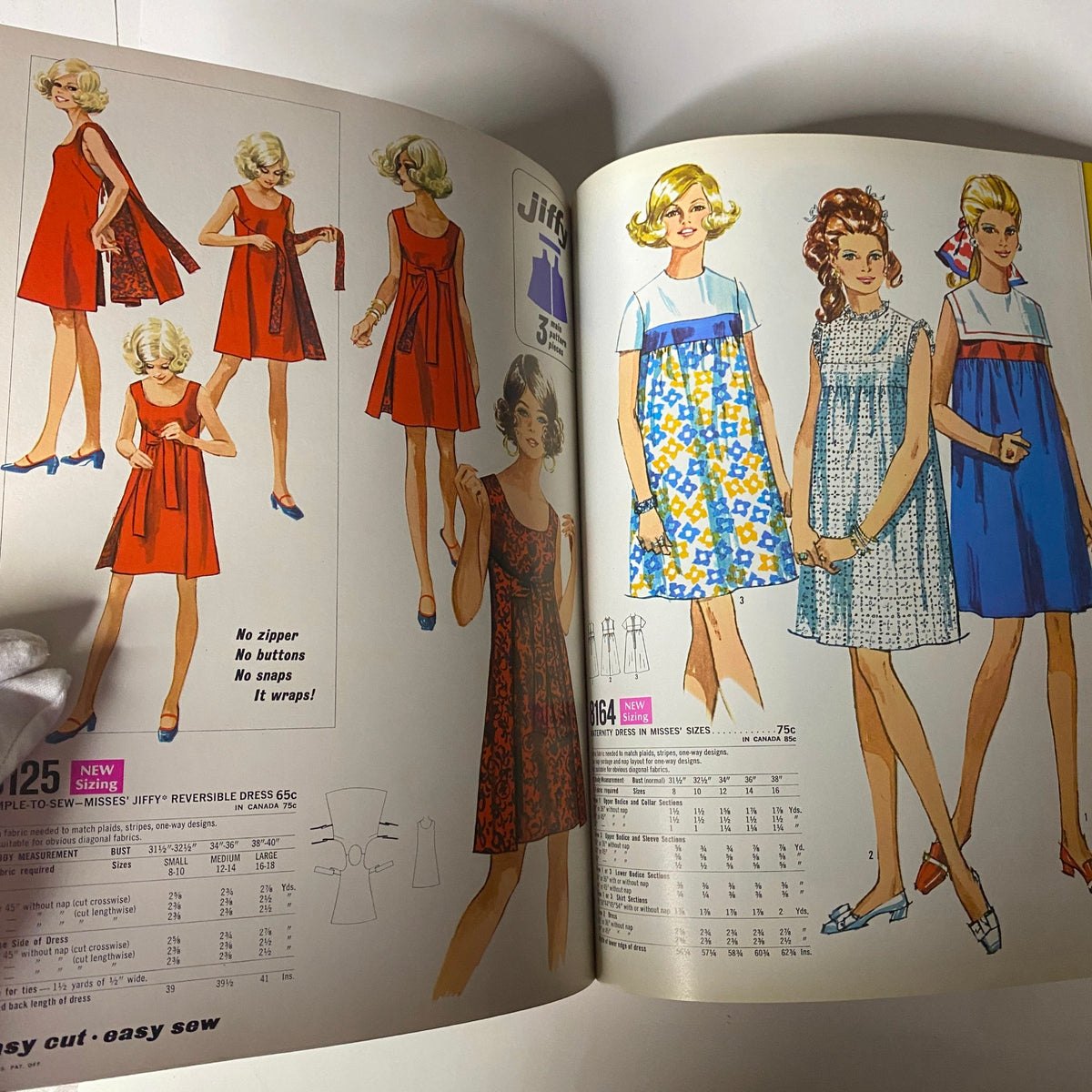 1969 May Simplicity Catalog Sewing Pattern illustrating trendy day dresses and reversible options for misses, showcasing colorful and stylish retro designs.