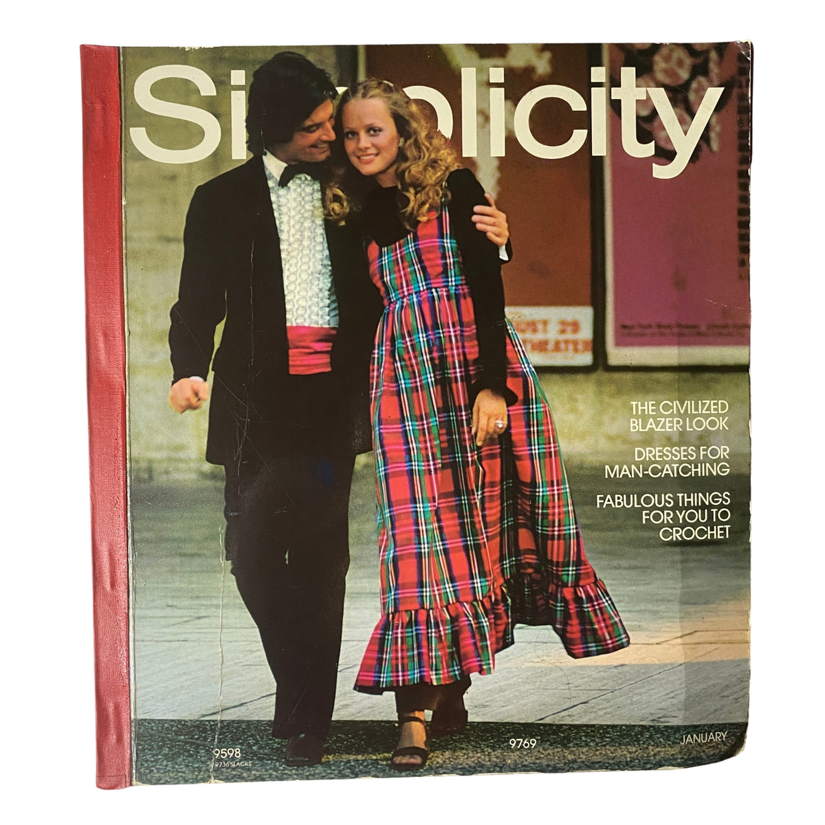 Cover of the 1971 January Simplicity Catalog featuring a couple dressed in early '70s fashion. The man wears a bow tie and tuxedo, while the woman models a red plaid dress with a flounce hem, highlighting fashion styles from the period.