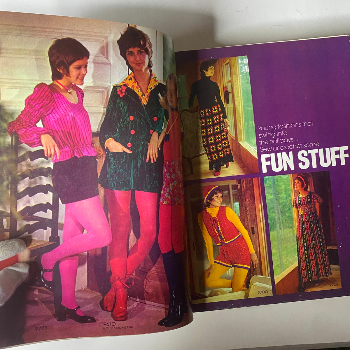 Interior pages of the 1971 January Simplicity Catalog displaying young women modeling colorful outfits, with text indicating 'Fun Stuff'. The images reflect the trendy fashion styles from the early '70s featuring playful designs.