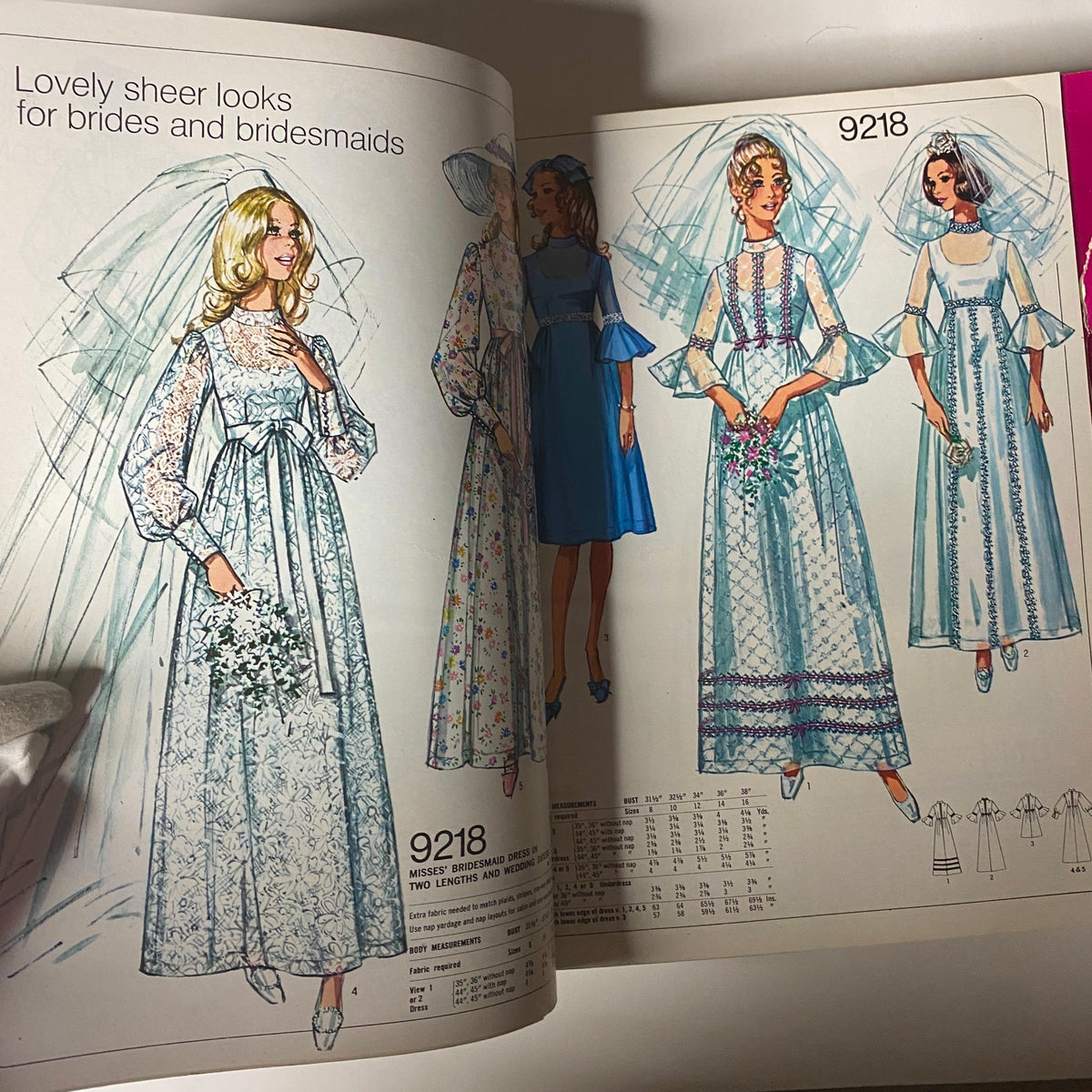 1971 January Simplicity Catalog featuring elegant bridal and bridesmaid dress designs under pattern number 9218, showcasing lovely sheer looks with floral and lace detailing.