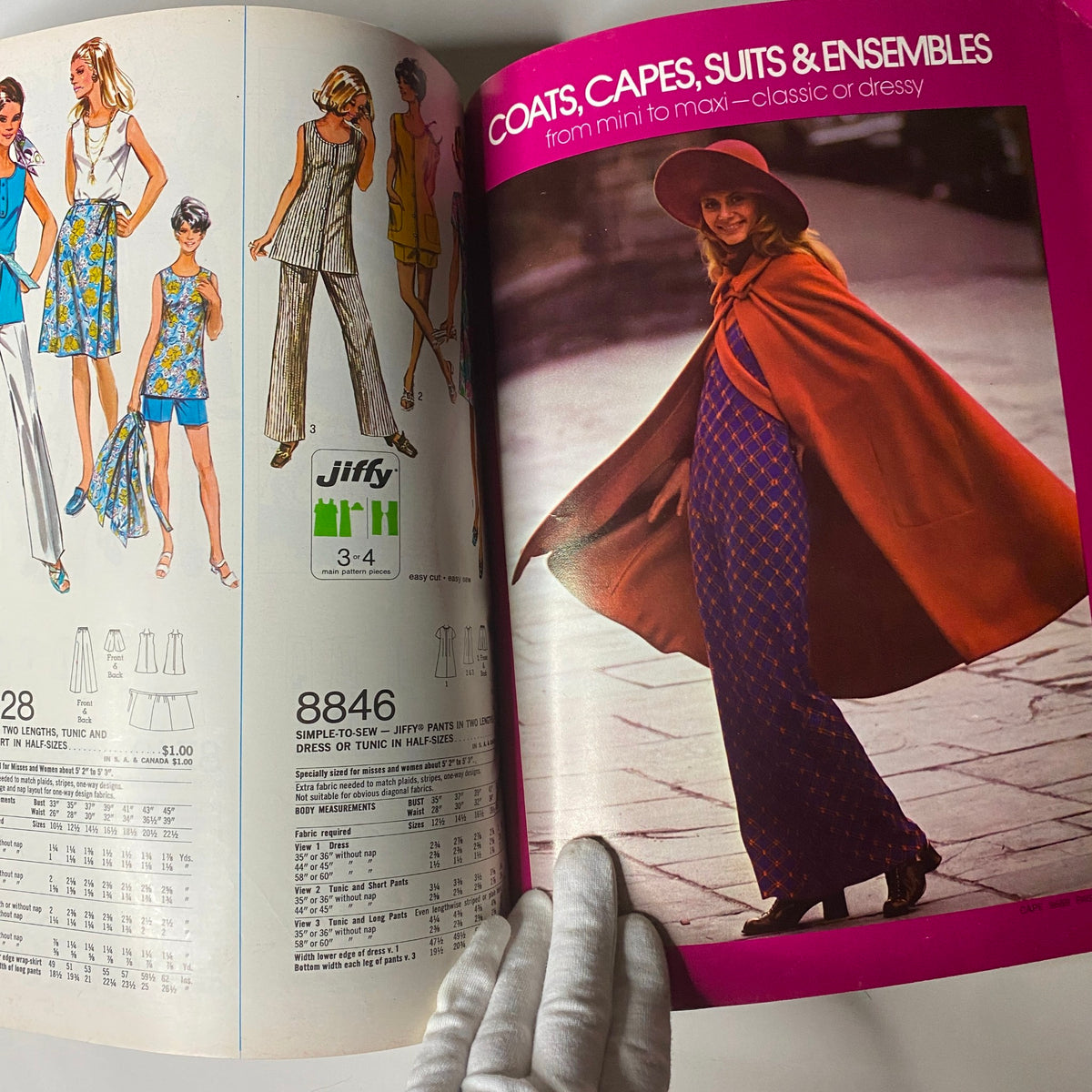 1971 January Simplicity Catalog showcasing a variety of ensembles including coats, capes, and suits featured under pattern number 8846, demonstrating classic and stylish designs.