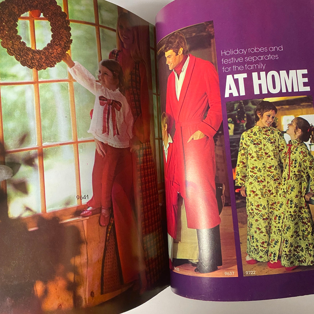 1971 January Simplicity Catalog displaying family holiday attire, featuring festive robes and separates for children and adults under patterns 9641, 9637, and 9722.
