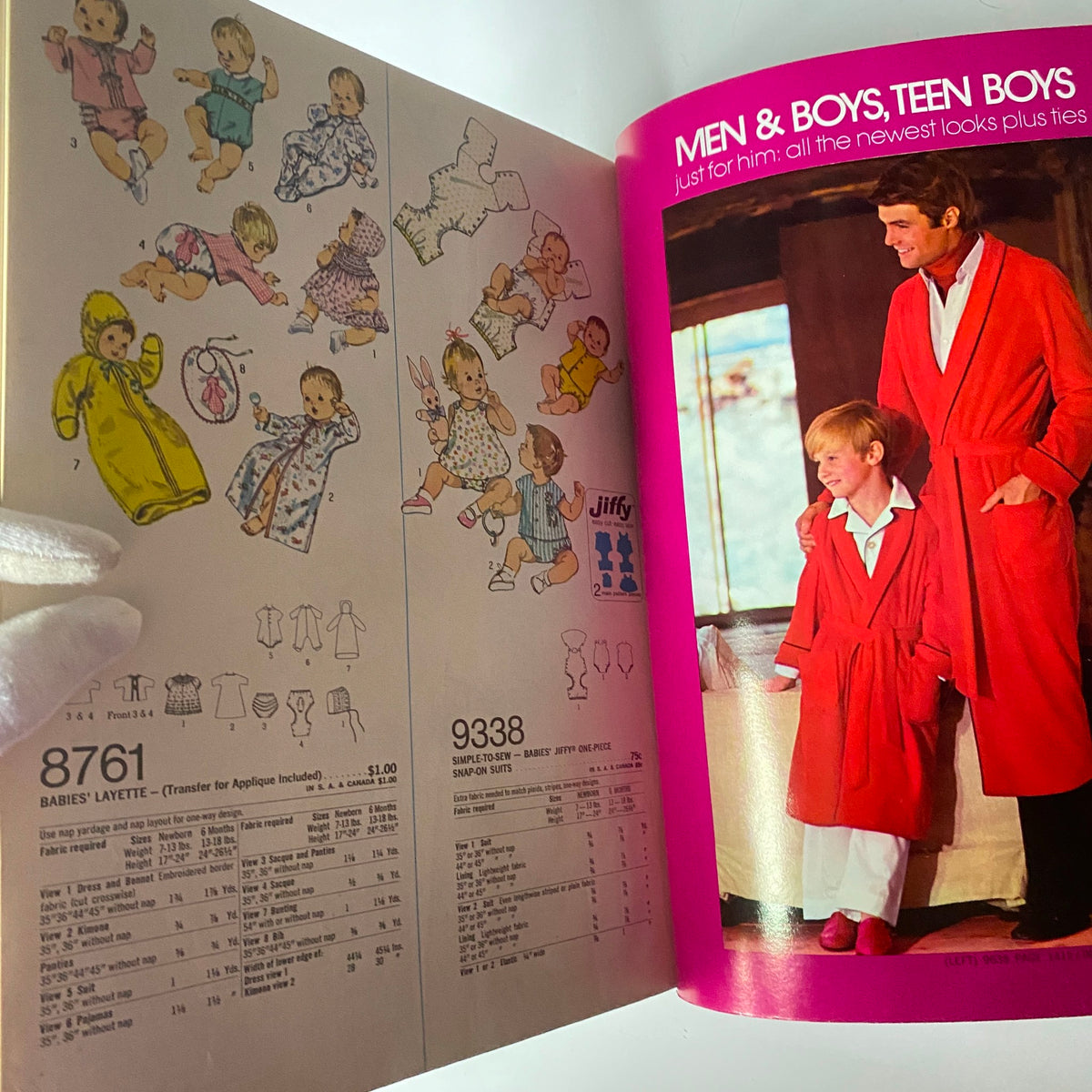 1971 January Simplicity Catalog displaying baby clothing patterns, emphasizing convenience and style for infants with Jiffy one-piece suits and layette options.