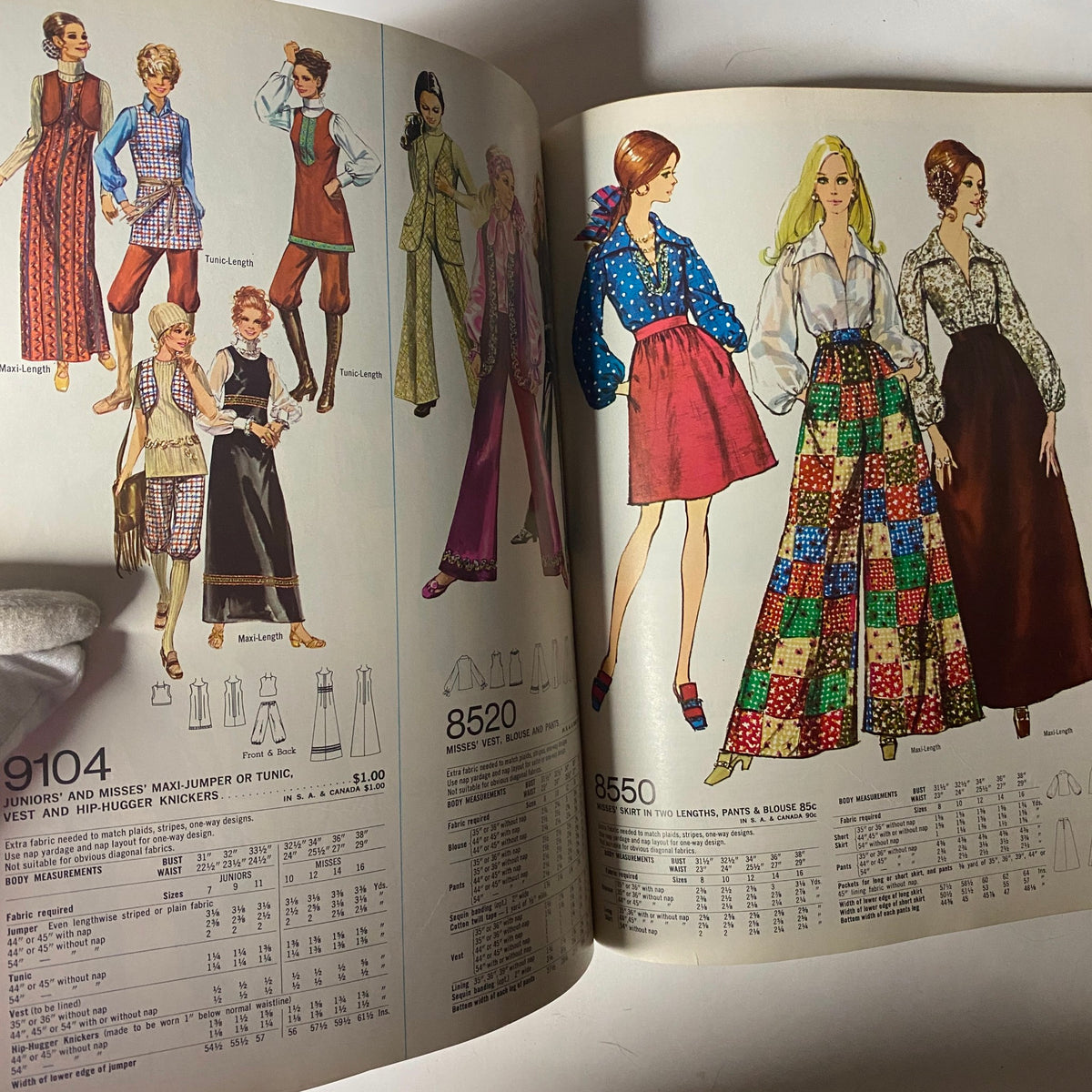 1971 April Simplicity Spring Catalog displaying sewing patterns for Maxi and Tunic styles, including patterns 9104, 8520, and 8560, highlighting retro fashion trends.