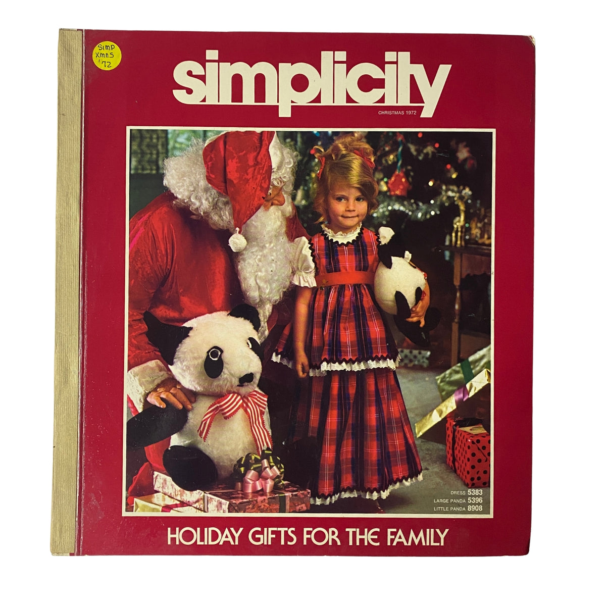Cover of the 1972 Simplicity Holiday Catalog showcasing a festive holiday theme with Santa Claus and a young girl dressed in a plaid holiday outfit holding a panda toy. The title '1972 Simplicity Holiday Catalog Sewing Pattern Giant Store Counter Book Fashion' is prominently displayed.