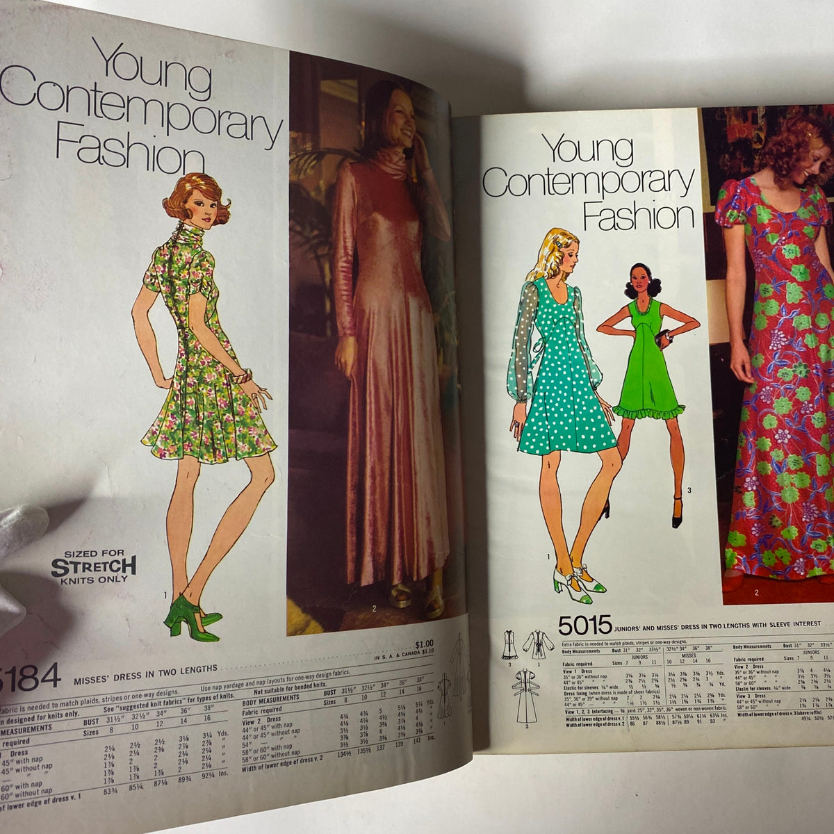 1972 December Simplicity Catalog Sewing Pattern display featuring young contemporary fashion styles, with illustrations of dresses perfect for youthful looks.