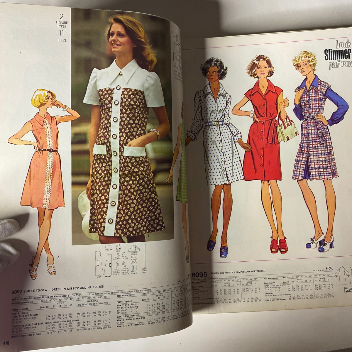 1973 January Simplicity Catalog featuring stylish Misses' dresses with unique patterns and color combinations for fashionable sewing.