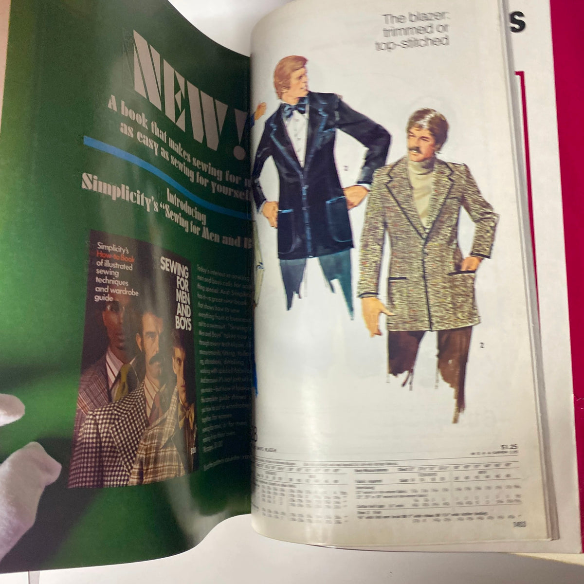 1973 January Simplicity Catalog introducing sewing patterns for men. Showcasing stylish blazers and suits designed for both men and boys with various tailoring options.
