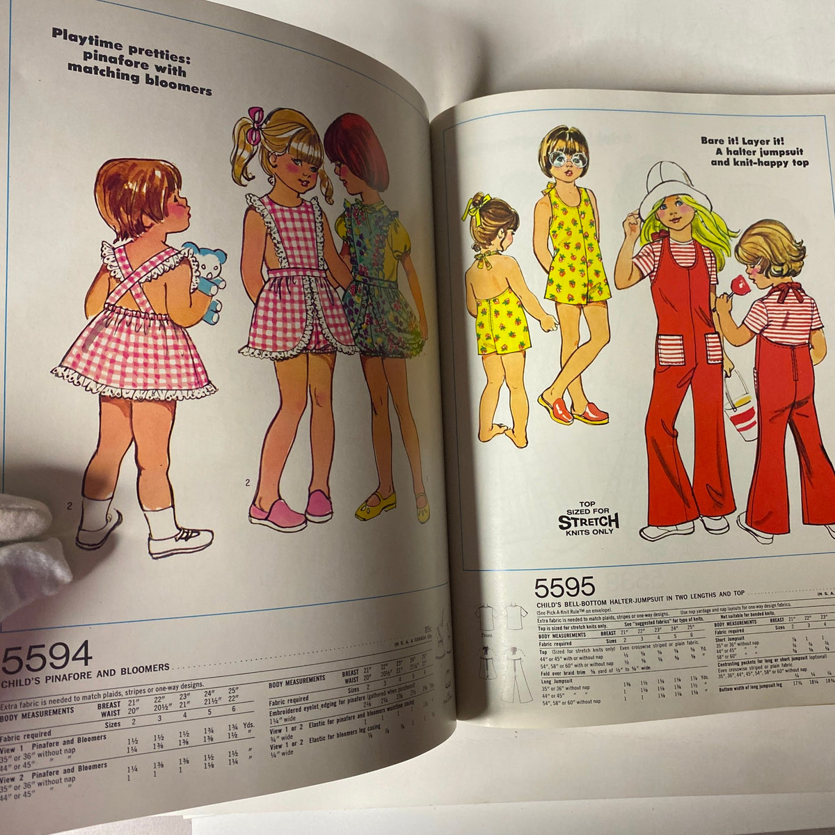 1973 Simplicity Spring and Summer Catalog with illustrated patterns for children's playtime outfits, showcasing pinafore styles and matching bloomers.