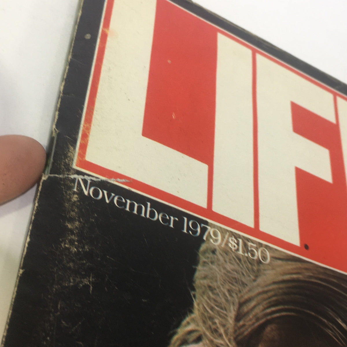 Close-up of the November 1979 Life Magazine cover showing the title and date. Part of the vintage magazine features slight wear and tear, indicative of its age, while highlighting Ted Kennedy's prominent cover story.
