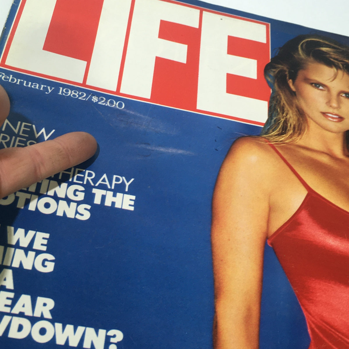 Close-up of the February 1982 Life Magazine cover showcasing Christie Brinkley, with details of the magazine's title and feature highlights.