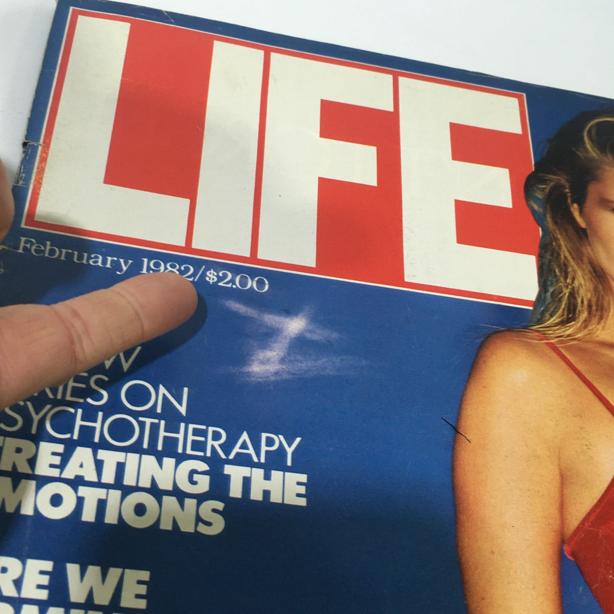 Close-up of the February 1982 Life Magazine cover highlighting the date and price, featuring Christie Brinkley.