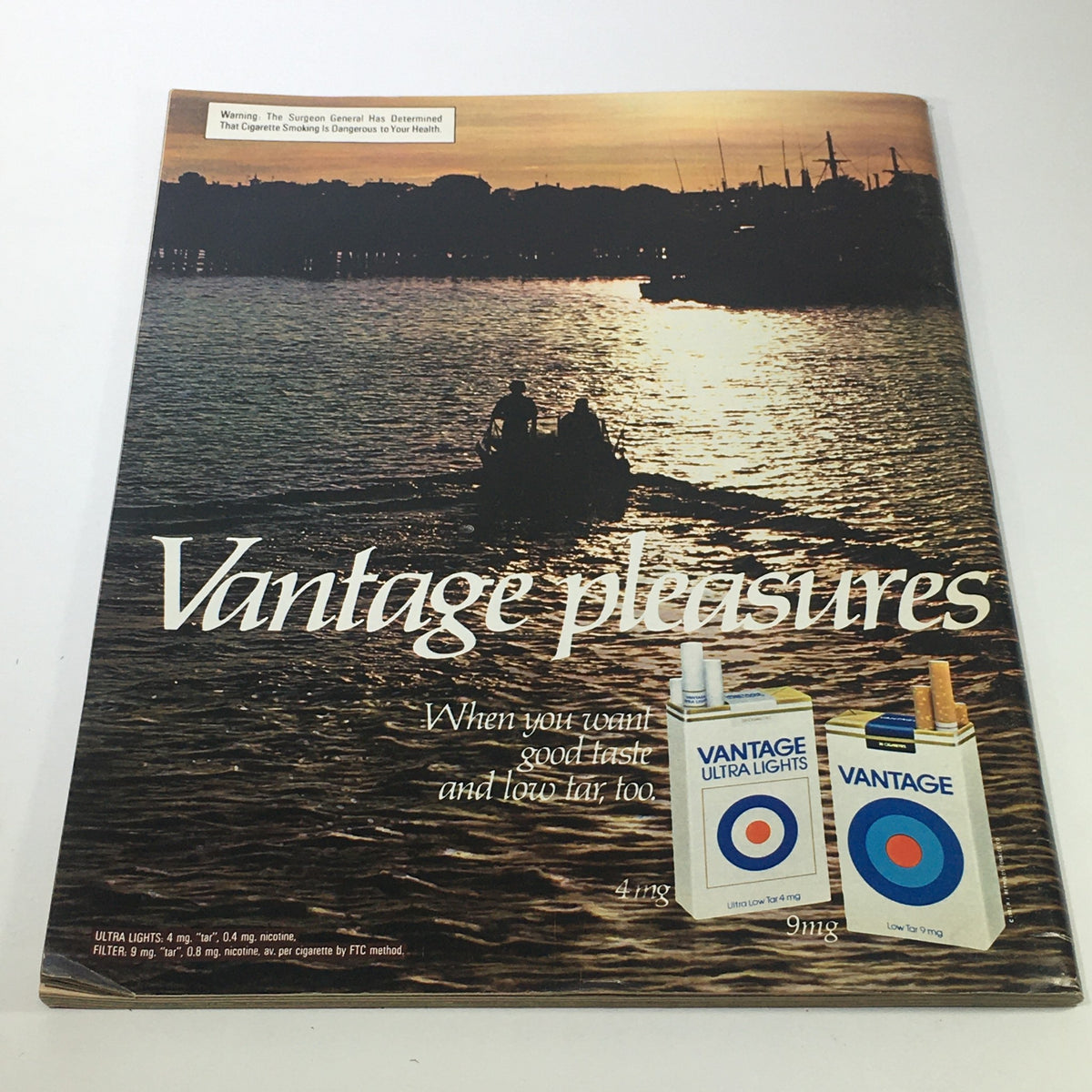 Advertisement page from the VTG Life Magazine, featuring Vantage cigarettes with a sunset background and the tagline 'When you want good taste and low tar, too.'