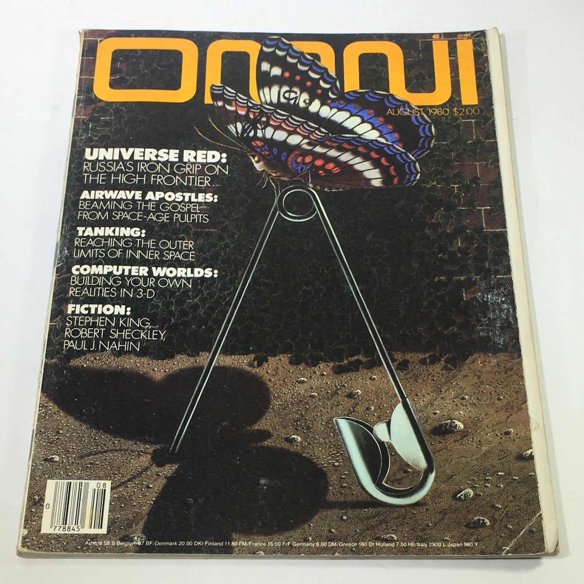 Vintage Omni Magazine August 1980 cover featuring artwork related to 'Universe Red', 'Airwave Apostles', and 'Tanking'. The magazine showcases a striking butterfly graphic and highlights cultural and science fiction themes.