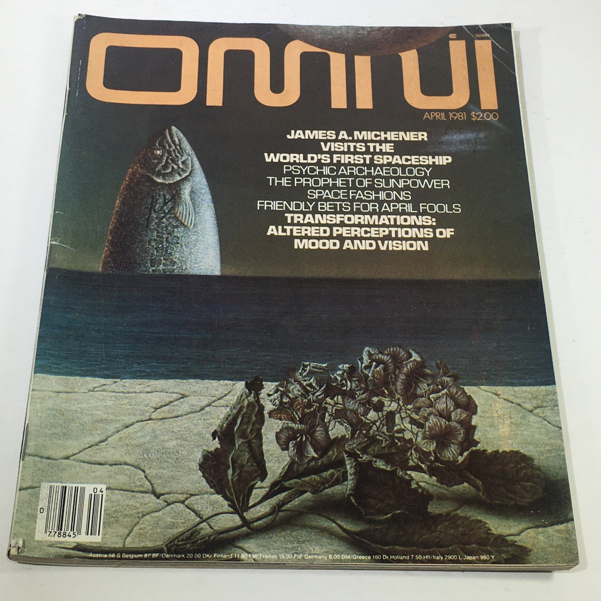 Cover of the VTG Omni Magazine from April 1981 featuring the title 'James A. Michener Visits World's 1st Spaceship'. The design includes a surreal image of a fish and text highlighting various topics within the magazine.