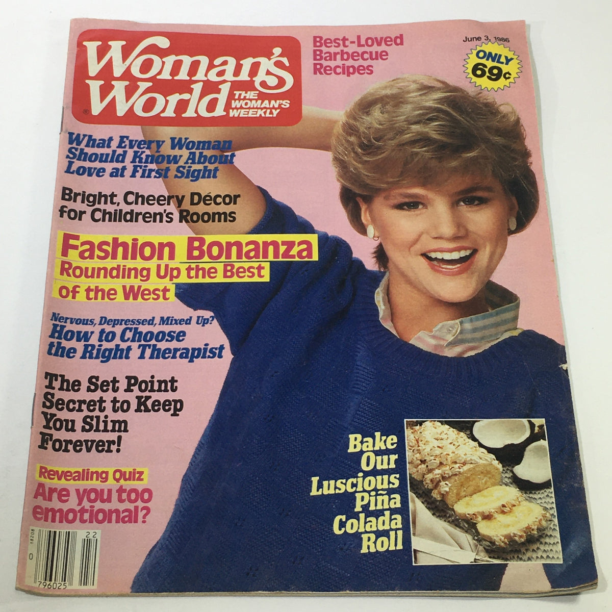 Cover of VTG Woman's World Magazine: June 3 1986 featuring a woman smiling in a blue sweater, highlighting articles on fashion and personal advice.