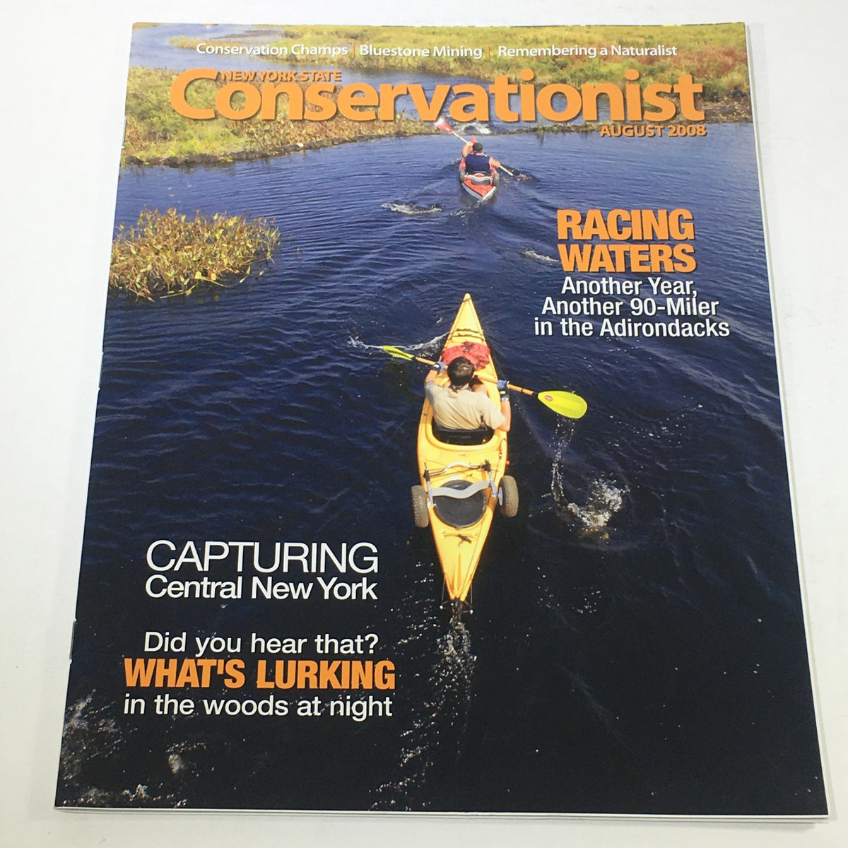 Cover of VTG New York State Conservationist: August 2008 - Capturing Central New York, featuring a bright yellow kayak on calm waters with a person paddling, surrounded by lush greenery and an engaging title about conservation themes.