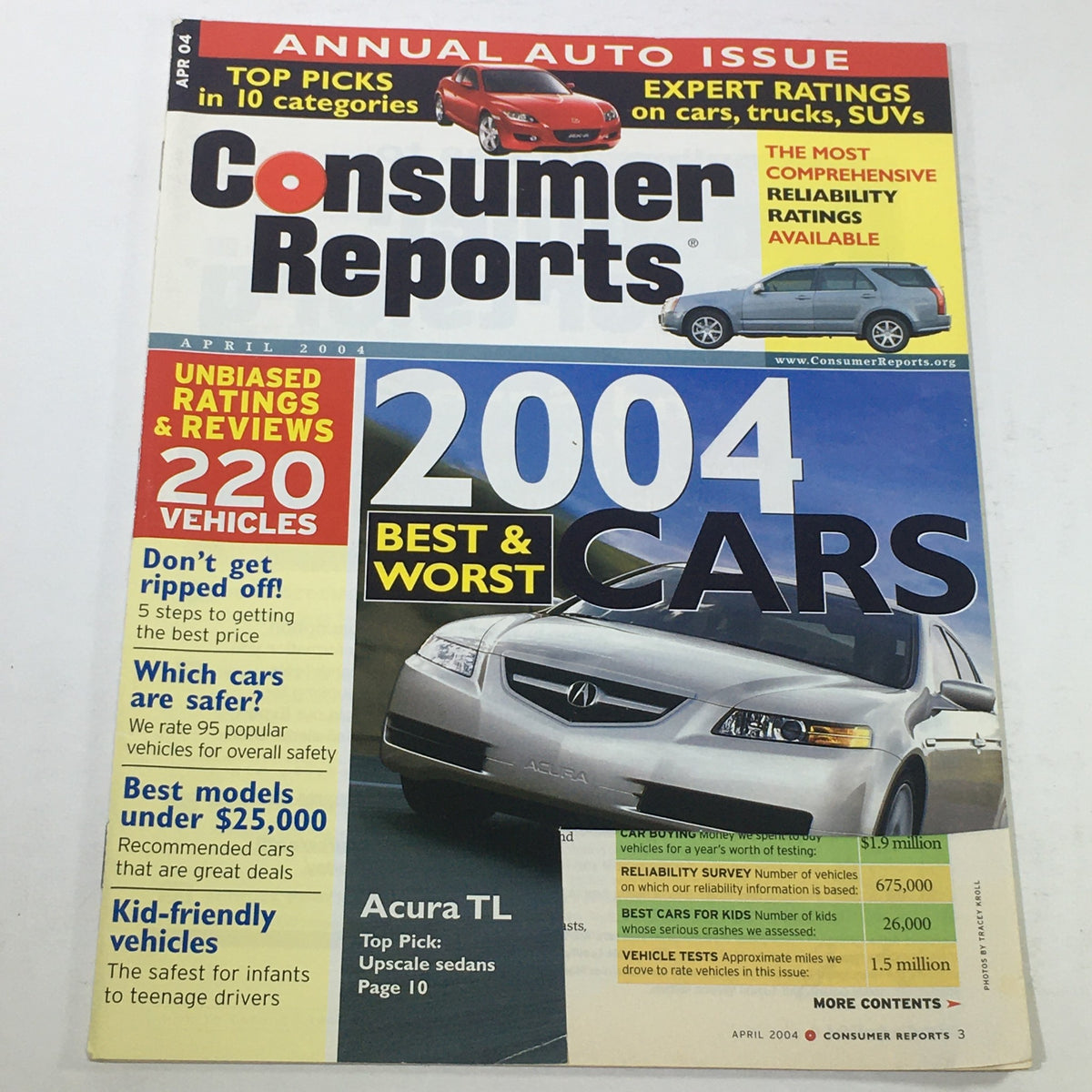 VTG Consumer Reports Catalog: April 2004 - Best and Worst Cars of 2004 cover featuring Acura TL and details on vehicle ratings and categories.