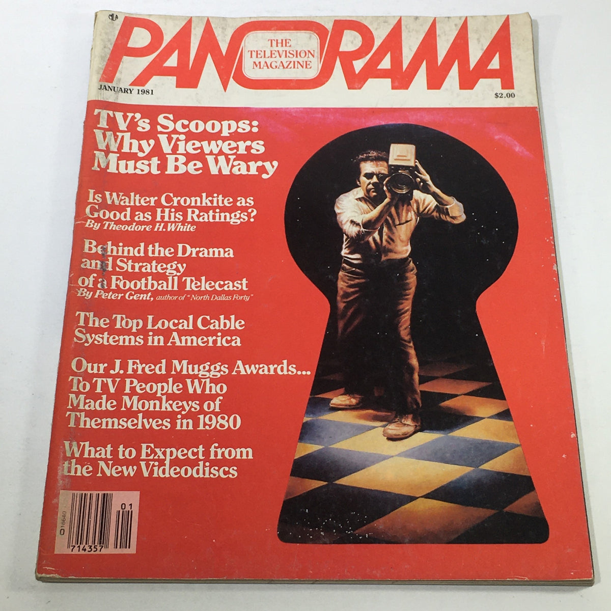 Cover of VTG Panorama The Television Magazine from January 1981 featuring a provocative title 'TV's Scoops: Why Viewers Must Be Wary' and an image of a photographer. The issue discusses Walter Cronkite's ratings and cable systems in America.