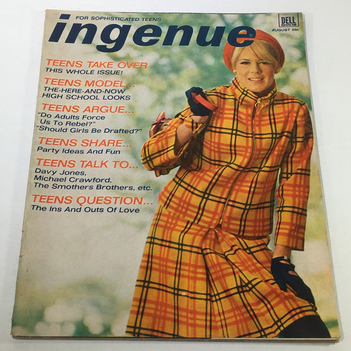 Cover of VTG Ingenue Magazine from August 1966 featuring the theme 'Teens Take Over', showcasing a young woman in a colorful plaid outfit, reflecting 1960s youth culture.