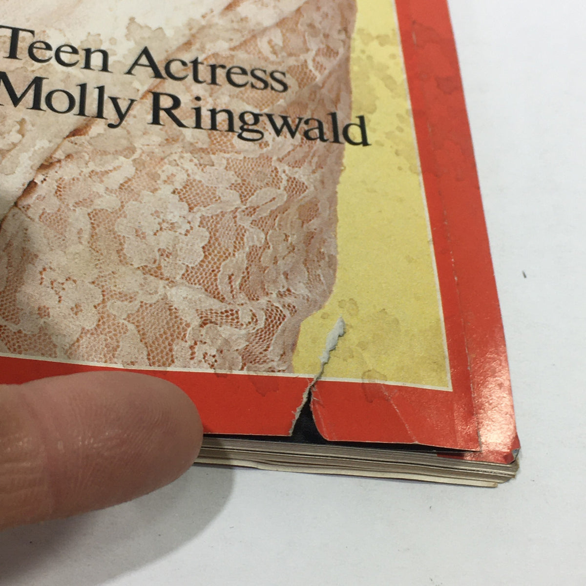 Close-up of the vintage Time Magazine cover from May 26, 1986, highlighting minor wear and tear, showcasing teen actress Molly Ringwald.