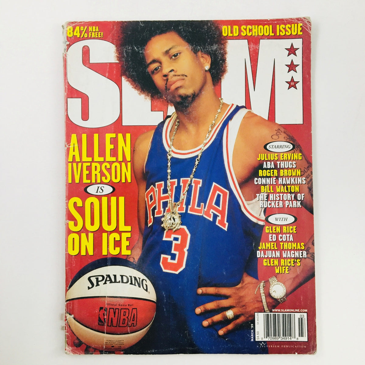 Cover of Slam Magazine March 1999 featuring Allen Iverson, highlighted with the text 'Allen Iverson is Soul on Ice', and showcasing a basketball in the foreground. This vintage magazine also includes references to Julius Erving and Aba Thugs, making it a collectible item for basketball enthusiasts.