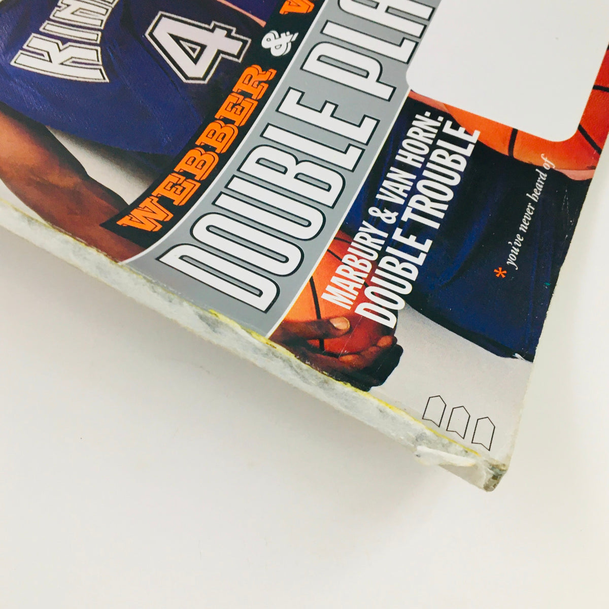 Bottom corner of Slam Magazine March 2000 featuring Sacramento Kings players Chris Webber and Jason Williams, showcasing the title 'Double Platinum' and signs of gentle wear for collectors.