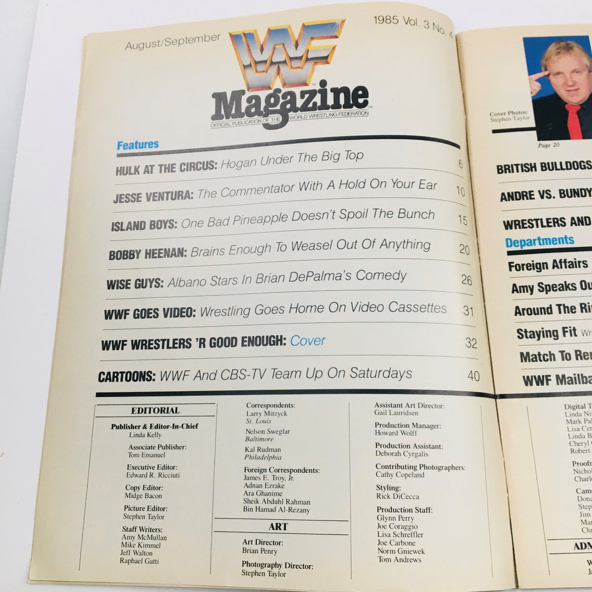 WWF Magazine August 1985 features table of contents highlighting Cyndi Lauper, Andre the Giant, and Hulk Hogan at the Circus, showcasing various articles and contributors.