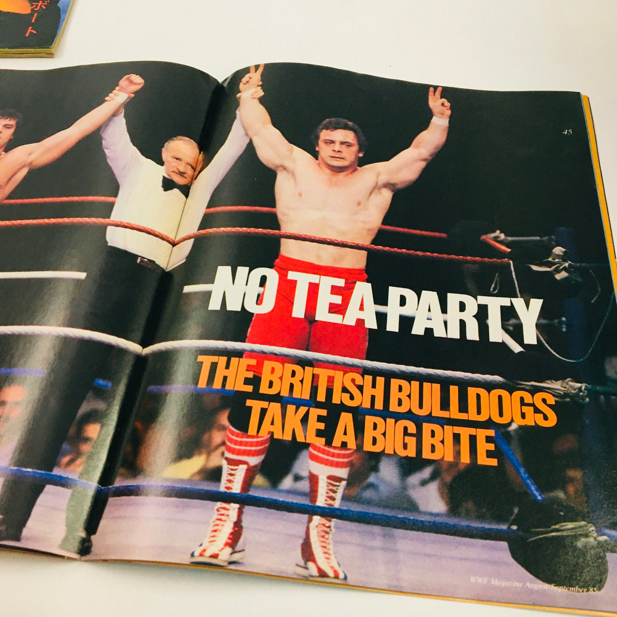 WWF Magazine August 1985 showcases a bold graphic titled 'No Tea Party', depicting a wrestling match with The British Bulldogs, emphasizing the excitement of classic wrestling events.