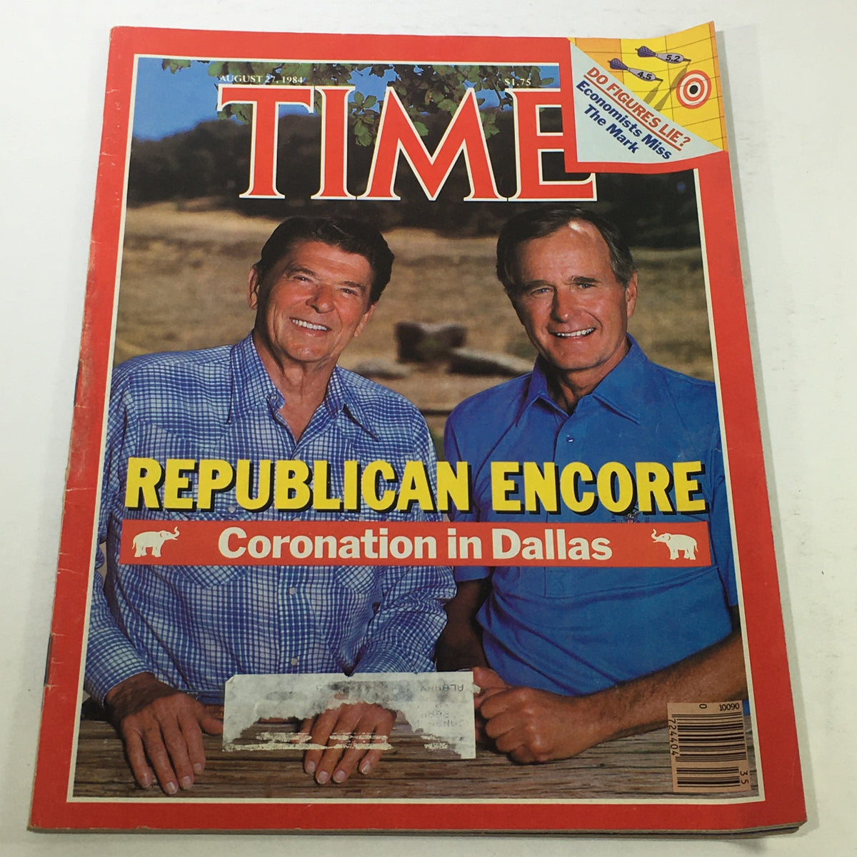VTG Time Magazine cover from August 27, 1984, featuring Ronald Reagan and George H. W. Bush with the headline 'Republican Encore: Coronation in Dallas'.