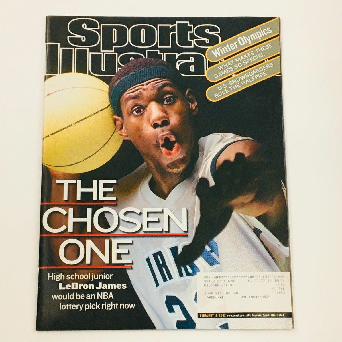 Cover of Sports Illustrated Magazine from February 18, 2002, featuring high school junior LeBron James, highlighting his early basketball career and iconic status.