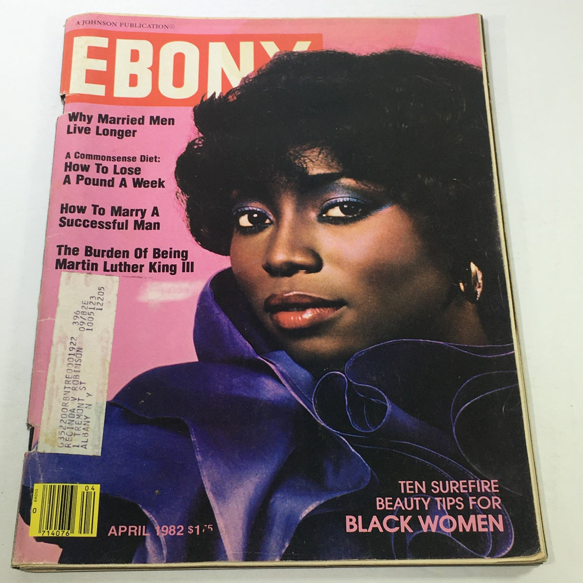 Cover of Ebony Magazine April 1982 featuring the title 'Ten Surefire Beauty Tips For Black Women' with a close-up photo of a woman wearing bold makeup and a stylish outfit.