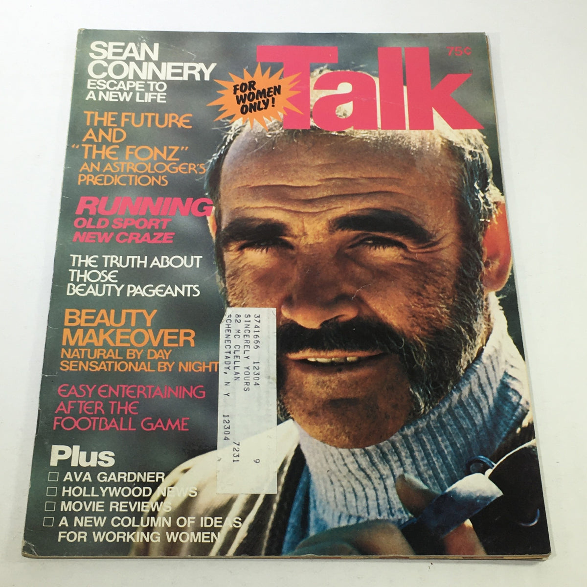 Vintage Talk Magazine cover from September 1976 featuring Sean Connery with the title 'Escape To A New Life', highlighting articles on beauty makeovers, movie reviews, and cultural topics.