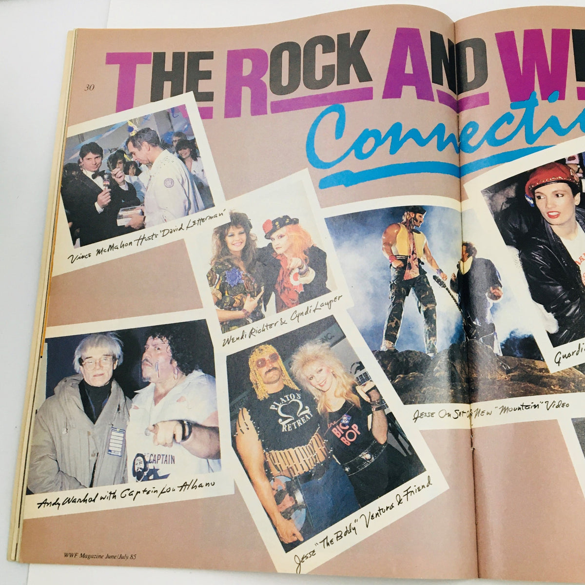 WWF Magazine June 1985, 'The Rock and Wrestling Connection' page featuring Vince McMahon, Cyndi Lauper, and other celebrities.