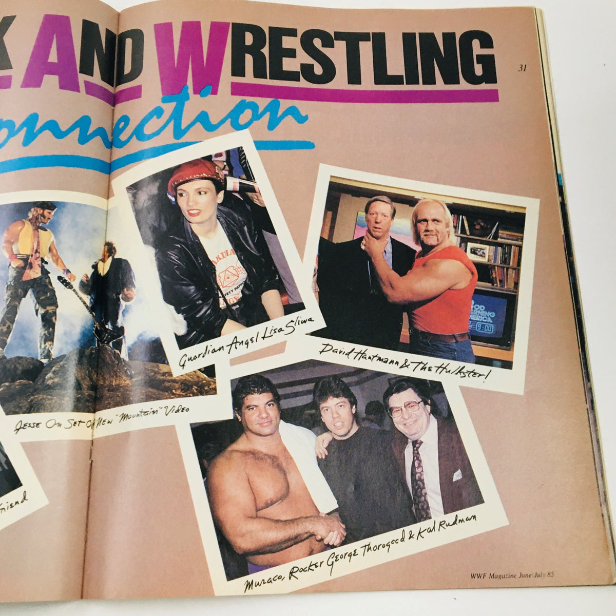 WWF Magazine June 1985, 'Rock and Wrestling Connection' page featuring Guardian Angels, David Letterman, Hulk Hogan, and wrestlers.