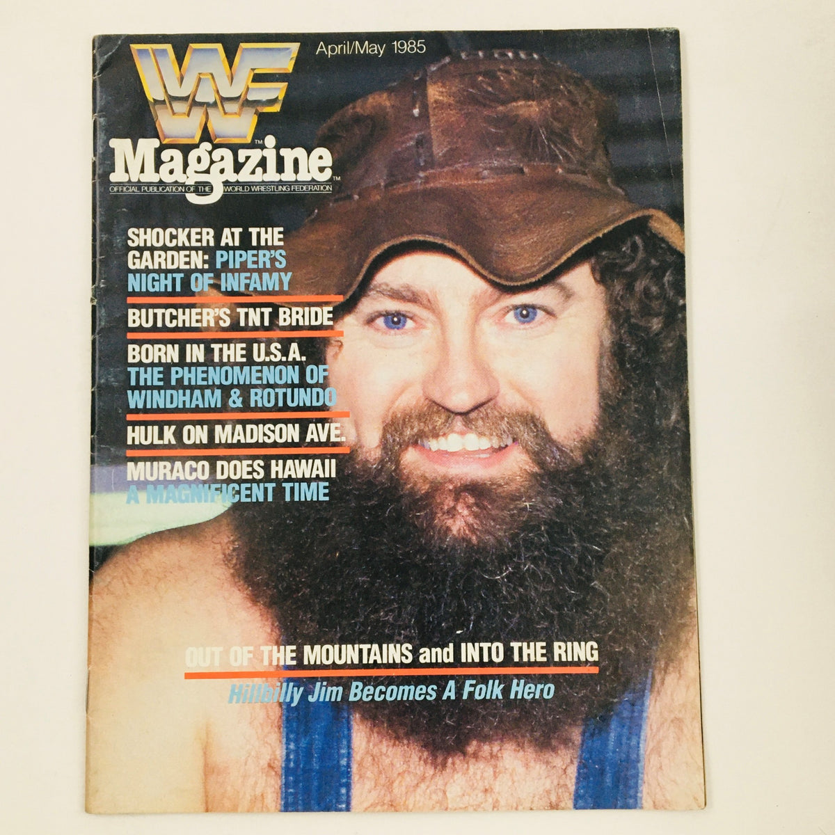 WWF Magazine April 1985 featuring Hillbilly Jim, Roddy Piper, and Hulk Hogan, showcasing vintage wrestling culture with Hillbilly Jim on the cover.