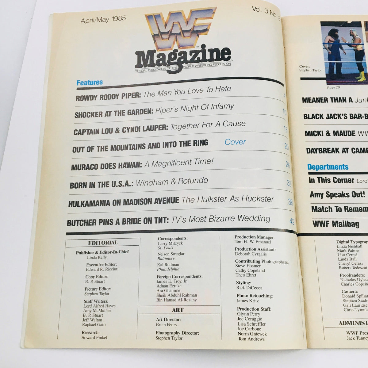 Table of contents for WWF Magazine April 1985 featuring Roddy Piper, Captain Lou, and Cyndi Lauper, showcasing articles about wrestling legends.