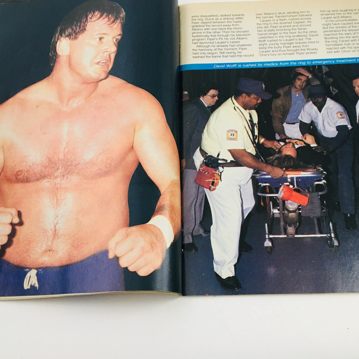 Photo from WWF Magazine April 1985 showing wrestler Roddy Piper reacting during a ringside incident requiring medical attention.