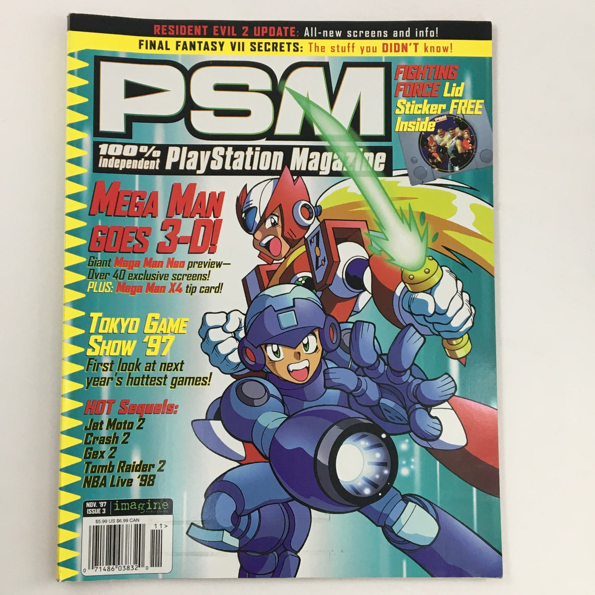 PlayStation Magazine November 1997 Issue 3 featuring Mega Man Goes 3-D on the cover, showcasing vibrant artwork and highlights like Fighting Force lid sticker included.