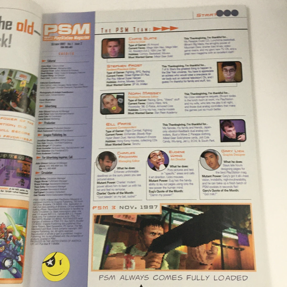 Inside page of PlayStation Magazine November 1997 Issue 3 displaying the PSM team members and their favorite games, reflecting nostalgia for gaming in the late '90s.