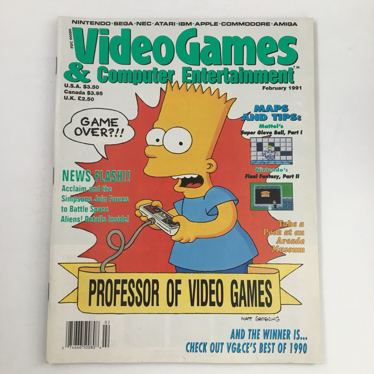 Video Games & Computer Entertainment Magazine February 1991 featuring Bart Simpson on the cover, showcasing early 90s gaming culture with articles, tips, and game maps.