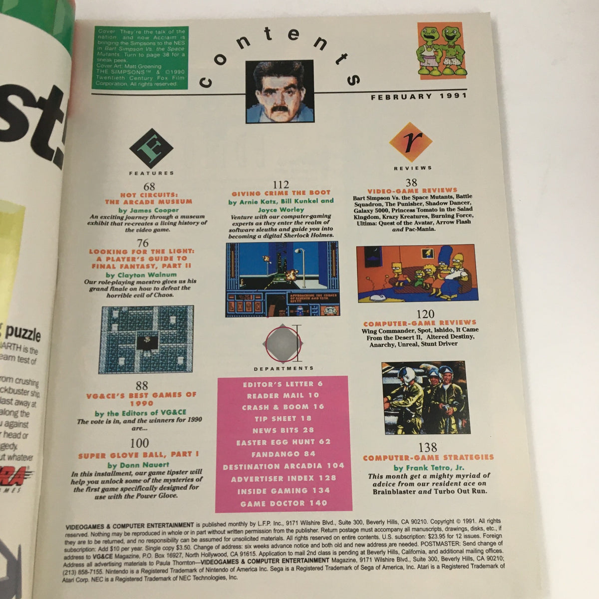Contents page of Video Games & Computer Entertainment Magazine February 1991 with various articles and game reviews highlighted.