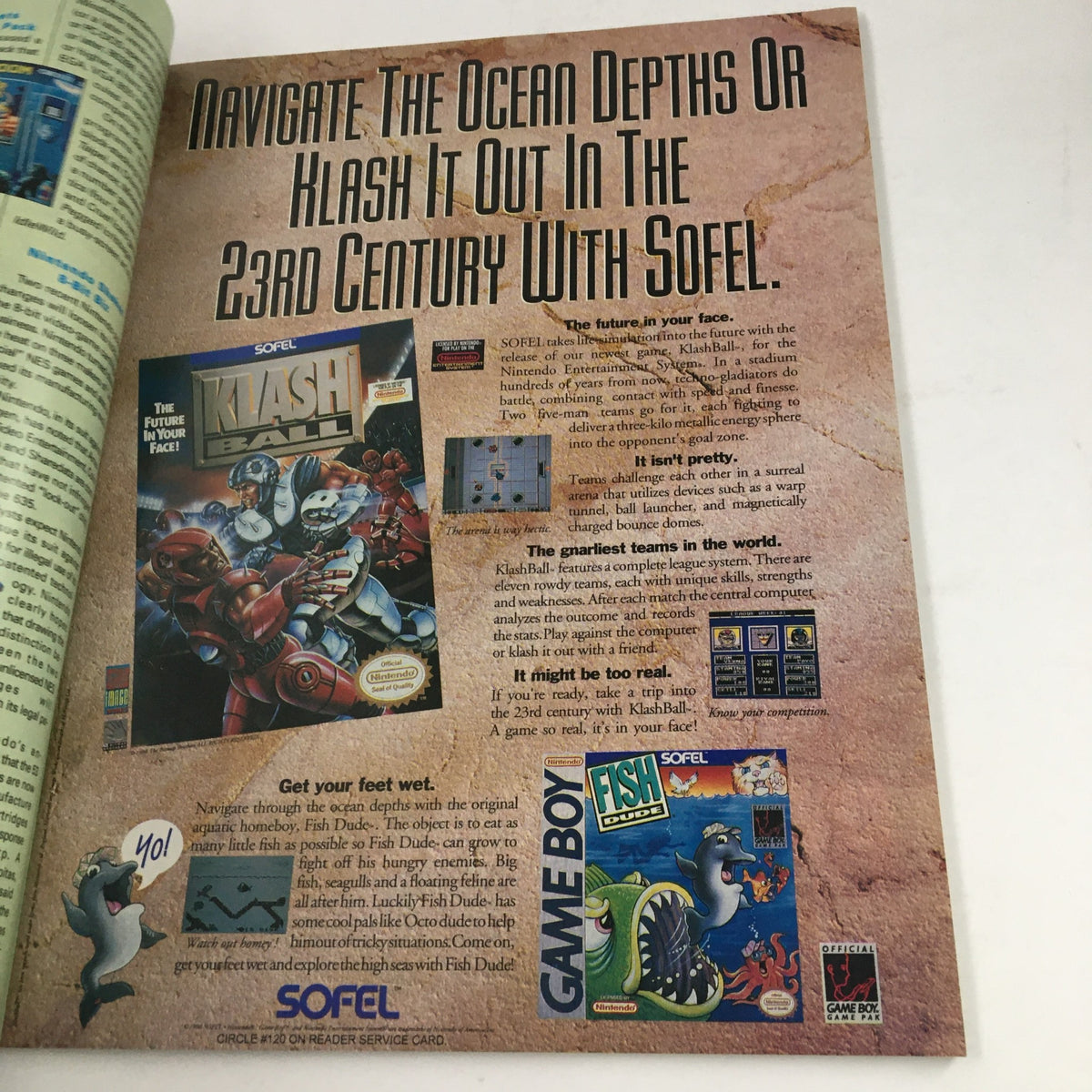 Advertisement spread for KlashBall and Fish Dude in Video Games & Computer Entertainment Magazine February 1991, showcasing game details and graphics.