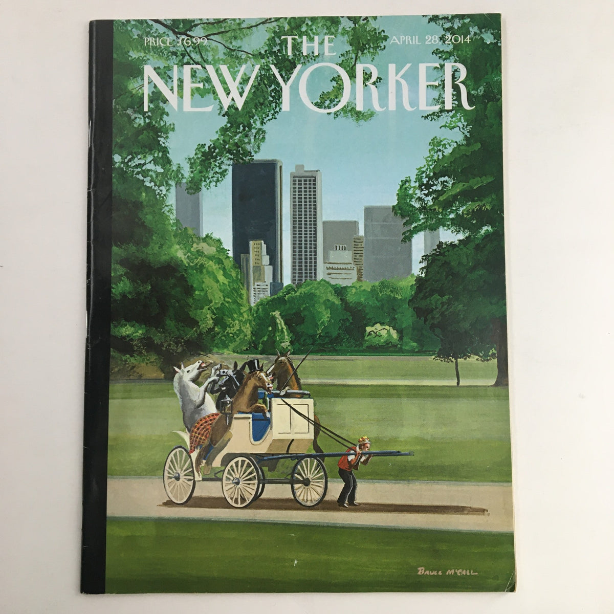 Cover of The New Yorker magazine dated April 28, 2014, designed by Bruce McCall, featuring a horse-drawn carriage in a park setting with a city skyline backdrop.