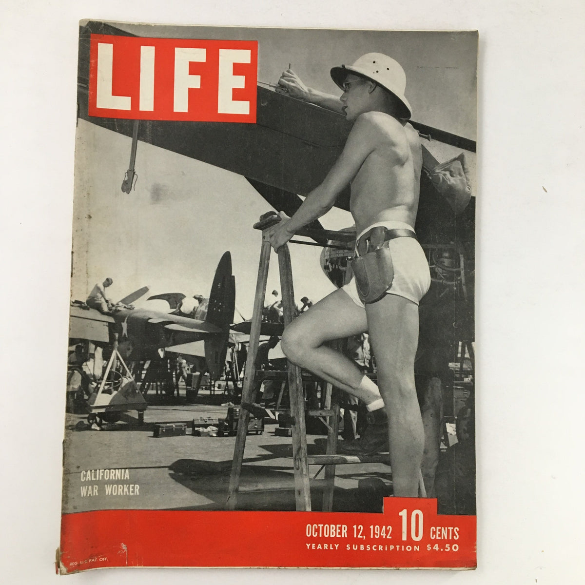 Life Magazine October 12 1942 featuring a photograph of a California War Worker standing near airplanes, highlighting the efforts of the American workforce during World War II.