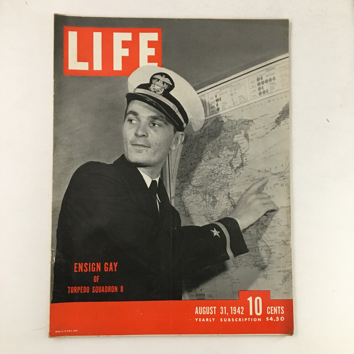 Life Magazine August 31 1942 cover featuring Ensign Gay of Torpedo Squadron 8, displaying him pointing at a map, indicating his role during World War II.