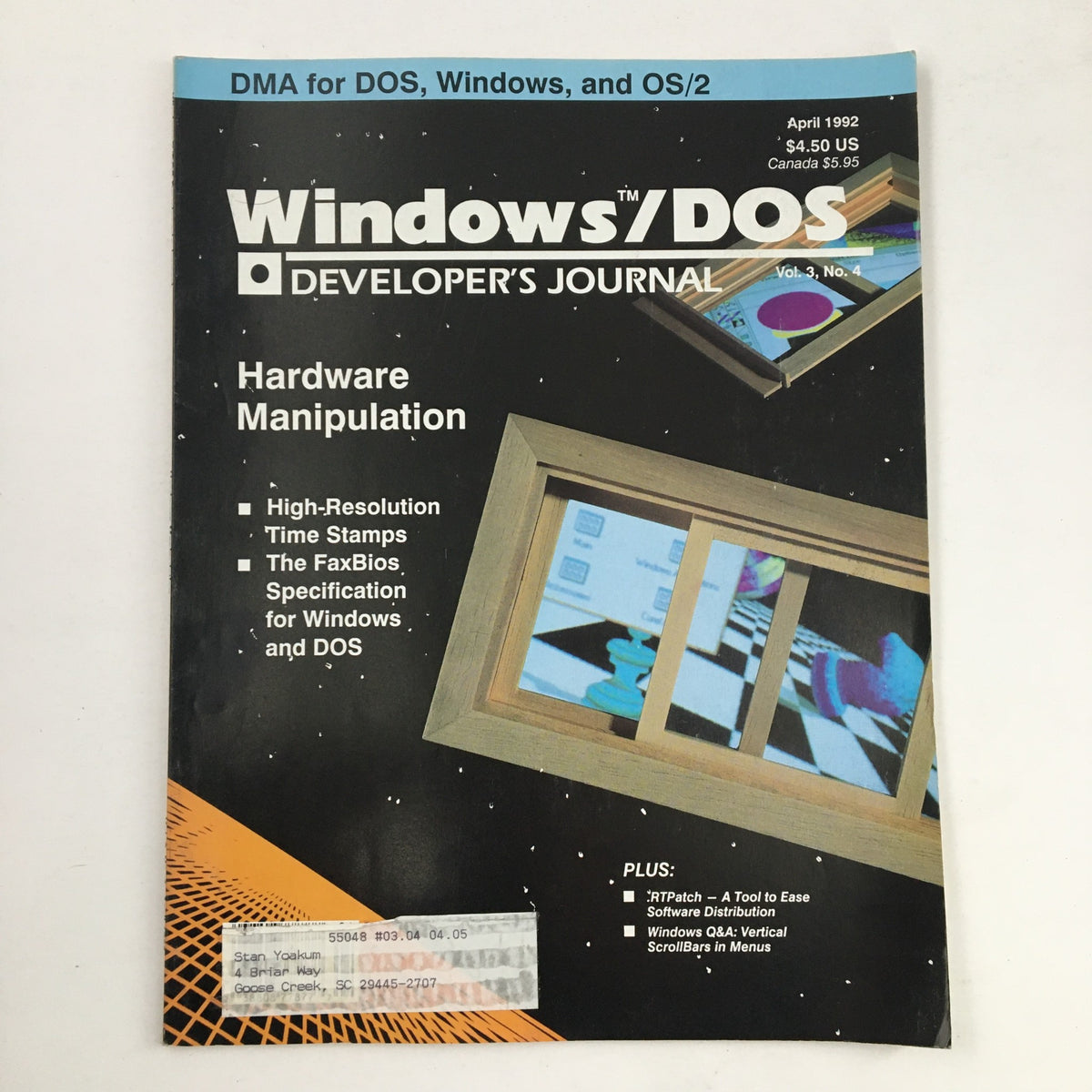 Cover of Windows/DOS Developer's Journal April 1992 showcasing articles on hardware manipulation, high-resolution time stamps, and the FaxBios specification for Windows and DOS. Vintage magazine collectible.