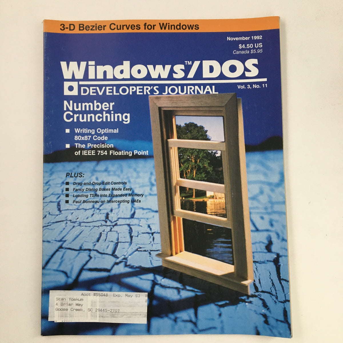 Windows/DOS Developer's Journal November 1992 cover featuring articles on number crunching, optimal 80x87 code writing, and IEEE 754 floating point precision, set against a blue textured background with a window frame image.
